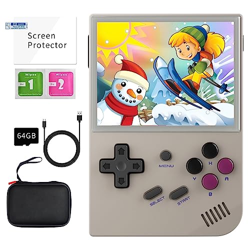 RG35XX Handheld Game Console , Dual System Linux+GarlicOS 3.5 Inch IPS Screen Built-in 64G TF Card 6831 Classic Games Support HDMI TV Output with Portable Bag (Gray)