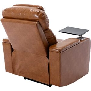 Leather Recliner Chair Power Electric Recliners with Cup Holder and Tray for Adults Theater Seating with USB Charging Port Single Reclining Chair with Hidden Arm Storage for Living Room, Light Brown