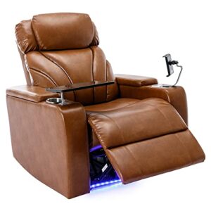 leather recliner chair power electric recliners with cup holder and tray for adults theater seating with usb charging port single reclining chair with hidden arm storage for living room, light brown