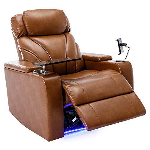 Leather Recliner Chair Power Electric Recliners with Cup Holder and Tray for Adults Theater Seating with USB Charging Port Single Reclining Chair with Hidden Arm Storage for Living Room, Light Brown