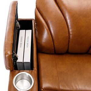 Leather Recliner Chair Power Electric Recliners with Cup Holder and Tray for Adults Theater Seating with USB Charging Port Single Reclining Chair with Hidden Arm Storage for Living Room, Light Brown