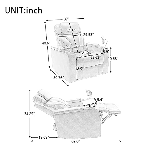 Leather Recliner Chair Power Electric Recliners with Cup Holder and Tray for Adults Theater Seating with USB Charging Port Single Reclining Chair with Hidden Arm Storage for Living Room, Light Brown