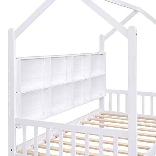 BIADNBZ Wood Twin Size House Bed with 2 Drawers and Storage Shelf, Low Platform Bedframe Daybed with Roof for Kids/Teens/Girls/Boys, White