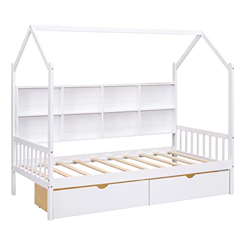 BIADNBZ Wood Twin Size House Bed with 2 Drawers and Storage Shelf, Low Platform Bedframe Daybed with Roof for Kids/Teens/Girls/Boys, White