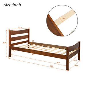 YuiHome Wood Bed Frame Twin Size, Rustic Style Platform Bed w/Headboard & Footboard, Solid Wood Slat Support, No Box Spring Needed, Panel Bed Mattress Foundation for Kids,Walnut