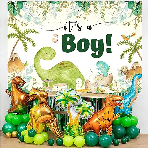 Sensfun It's a Boy Dinosaur Baby Shower Backdrop Decorations Eucalyptus Leaves Cartoon Jungle Dinosaurs Photography Background Boy Dino Baby Shower Party Kids Newborn Banner Photo Booth Supplies 7x5ft