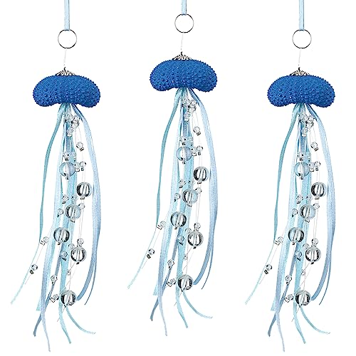 Sea Urchin Jellyfish Christmas Ornament Coastal Beaded Beach Theme Holiday Decorations Ocean Inspired Elegant Hanging Jellyfish Decorations with Clear Crystal and Ribbons (Dark Blue,3 Pcs)