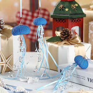 Sea Urchin Jellyfish Christmas Ornament Coastal Beaded Beach Theme Holiday Decorations Ocean Inspired Elegant Hanging Jellyfish Decorations with Clear Crystal and Ribbons (Dark Blue,3 Pcs)