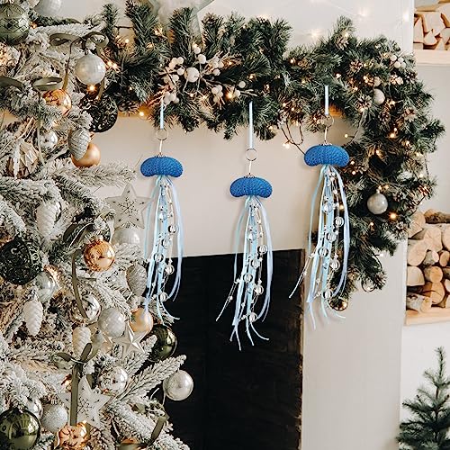 Sea Urchin Jellyfish Christmas Ornament Coastal Beaded Beach Theme Holiday Decorations Ocean Inspired Elegant Hanging Jellyfish Decorations with Clear Crystal and Ribbons (Dark Blue,3 Pcs)