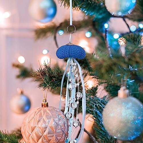 Sea Urchin Jellyfish Christmas Ornament Coastal Beaded Beach Theme Holiday Decorations Ocean Inspired Elegant Hanging Jellyfish Decorations with Clear Crystal and Ribbons (Dark Blue,3 Pcs)