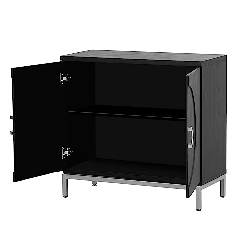 LZ LEISURE ZONE Storage Cabinet, Simple Sideboard Storage Cabinet with Solid Wood Veneer, Accent Cabinet with Metal Leg Frame for Living Room, Entryway, Dining Room, Black