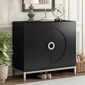 lz leisure zone storage cabinet, simple sideboard storage cabinet with solid wood veneer, accent cabinet with metal leg frame for living room, entryway, dining room, black