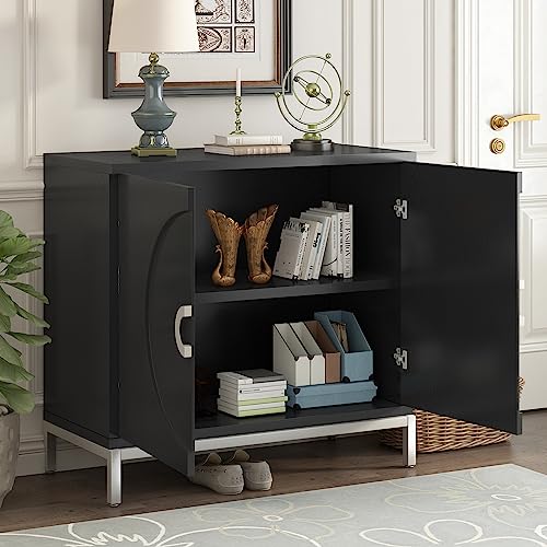 LZ LEISURE ZONE Storage Cabinet, Simple Sideboard Storage Cabinet with Solid Wood Veneer, Accent Cabinet with Metal Leg Frame for Living Room, Entryway, Dining Room, Black