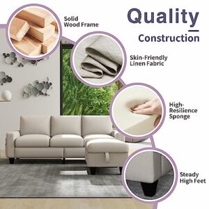 Sectional Sofa L-Shaped Couch, Couches for Living Room with Reversible Storage Chaise & Side Storage Pockets, 3-Seat Linen Modular Sofa for Living Room/Apartment/Dorm/Office/Small Space (Beige)