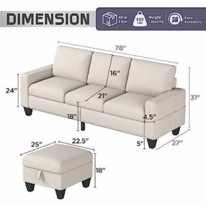 Sectional Sofa L-Shaped Couch, Couches for Living Room with Reversible Storage Chaise & Side Storage Pockets, 3-Seat Linen Modular Sofa for Living Room/Apartment/Dorm/Office/Small Space (Beige)