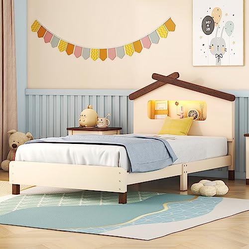 Twin Size House Platform Bed with LED Lights, Wood Kids Floor Bed Frame with Headboard and Slats Support, No Box Spring Needed, Cream with Walnut