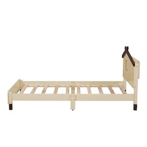 Twin Size House Platform Bed with LED Lights, Wood Kids Floor Bed Frame with Headboard and Slats Support, No Box Spring Needed, Cream with Walnut