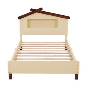 Twin Size House Platform Bed with LED Lights, Wood Kids Floor Bed Frame with Headboard and Slats Support, No Box Spring Needed, Cream with Walnut