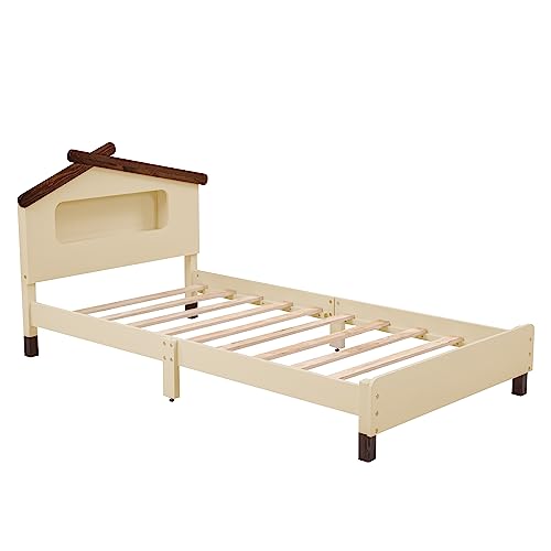 Twin Size House Platform Bed with LED Lights, Wood Kids Floor Bed Frame with Headboard and Slats Support, No Box Spring Needed, Cream with Walnut