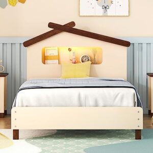 Twin Size House Platform Bed with LED Lights, Wood Kids Floor Bed Frame with Headboard and Slats Support, No Box Spring Needed, Cream with Walnut