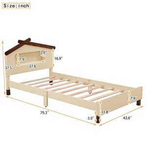 Twin Size House Platform Bed with LED Lights, Wood Kids Floor Bed Frame with Headboard and Slats Support, No Box Spring Needed, Cream with Walnut