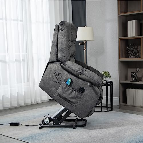 ERYE Electric Power Lift Recliner Chair Sofa for Elderly with Massage and Heat, 3 Positions Adjustable,2 Side Pockets Armchair, Charcoal Gray Microfiber Upholstery