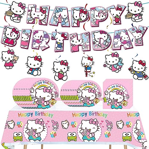 Kitty Birthday Party Supplies Include Birthday Banner, Hanging Swirl Decorations, Plates, Napkins, Tablecloth for Kitty Party Decorations, Sever 10