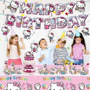 Kitty Birthday Party Supplies Include Birthday Banner, Hanging Swirl Decorations, Plates, Napkins, Tablecloth for Kitty Party Decorations, Sever 10