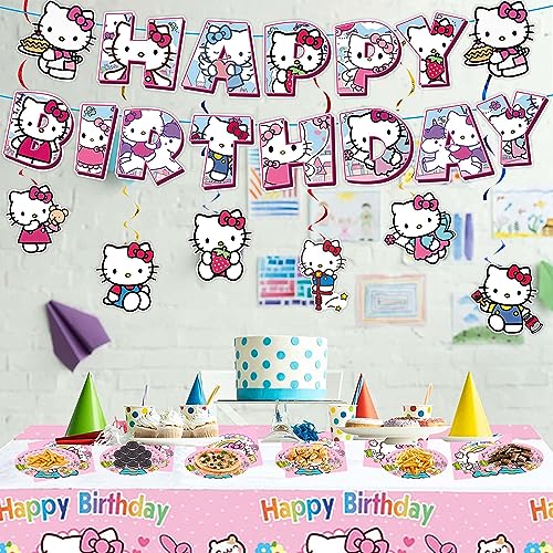 Kitty Birthday Party Supplies Include Birthday Banner, Hanging Swirl Decorations, Plates, Napkins, Tablecloth for Kitty Party Decorations, Sever 10