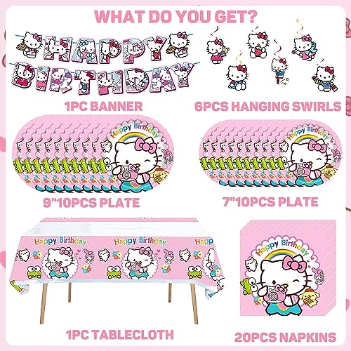 Kitty Birthday Party Supplies Include Birthday Banner, Hanging Swirl Decorations, Plates, Napkins, Tablecloth for Kitty Party Decorations, Sever 10