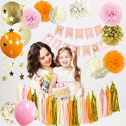 ANSOMO Pink and Orange Happy Birthday Party Decorations Hot Pink Gold Banner Balloons Décor Supplies Women Girls Teens Her Tassel Garland Tissue Pom Poms