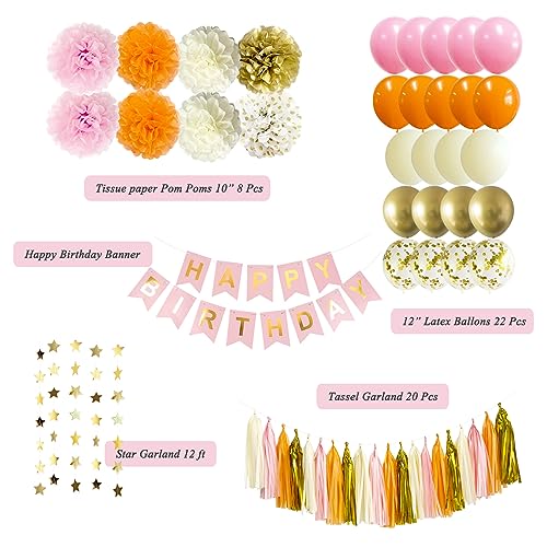 ANSOMO Pink and Orange Happy Birthday Party Decorations Hot Pink Gold Banner Balloons Décor Supplies Women Girls Teens Her Tassel Garland Tissue Pom Poms