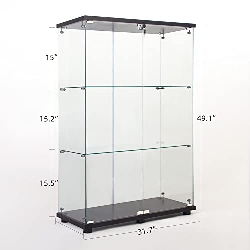 nifoti 3-Tier Glass Display Cabinet with Locks,3 Shelves Curio Cabinet with Tempered Glass Door,Floor Standing Curio Bookshelf for Living Room Bedroom Office, Side by Side Doors (Black)