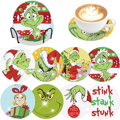 8 Pcs Christmas Diamond Painting Coasters Kits with Holder DIY Christmas Diamond Art Coaster Non Slip Coaster for Adults Xmas Holiday Diamond Painting Kits Supplies