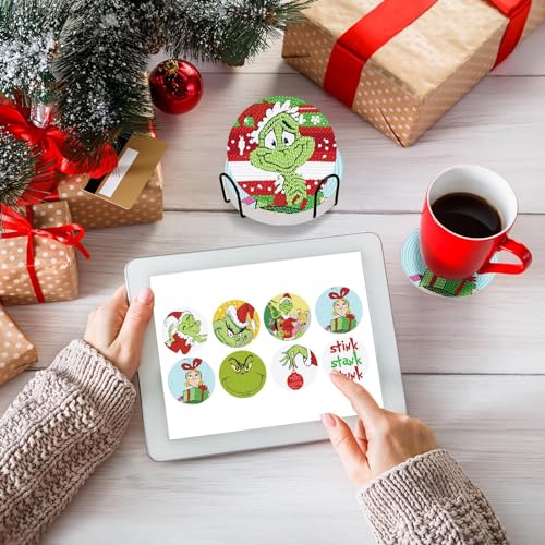 8 Pcs Christmas Diamond Painting Coasters Kits with Holder DIY Christmas Diamond Art Coaster Non Slip Coaster for Adults Xmas Holiday Diamond Painting Kits Supplies