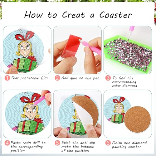 8 Pcs Christmas Diamond Painting Coasters Kits with Holder DIY Christmas Diamond Art Coaster Non Slip Coaster for Adults Xmas Holiday Diamond Painting Kits Supplies