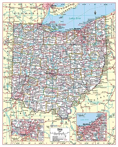 Cool Owl Maps Ohio State Wall Map Poster Large Print Rolled 24W"Hx30"H - Laminated