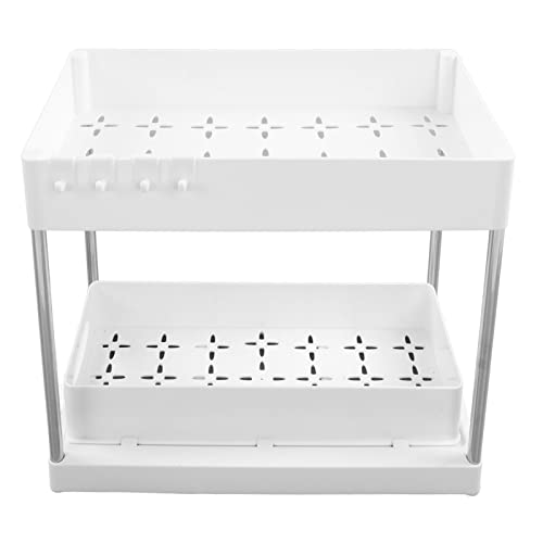 Bonwuno Under Sink Organizer Large Capacity, 2 Tier Slide Out Cabinet Basket Organizer, Cabinet Storage Shelves with Hooks,for Bathroom Kitchen Laundry (White)