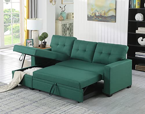 Devion Furniture L-Shape Linen Sleeper Sectional Sofa for Living Room, Home Furniture, Apartment, Dorm Sofabed, Green