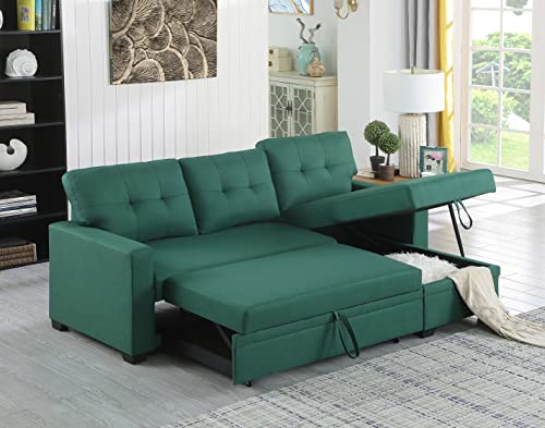 Devion Furniture L-Shape Linen Sleeper Sectional Sofa for Living Room, Home Furniture, Apartment, Dorm Sofabed, Green