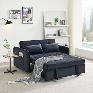 antetek sleeper sofa bed w/usb port, modern 3-in-1 convertible tufted velvet upholstered pull out futon couch, 55.5" w small loveseat sofa for office living room small space, black