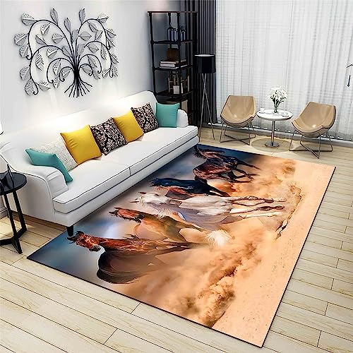 Horses Running Area Rugs, 5x7ft, Large Herd of Horses Running in Desert Living Room Decorative Carpet, Five White and Brown Horses, for Living Room Bedroom Sofa