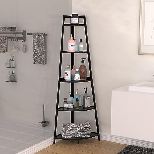 POXAKA Corner Shelf, 5 Tier Bookshelf Open Corner Shelf Stand, 70.8 Inch Tall Bookcase, Modern Bamboo Corner Stand in Living Room, Bathroom, Small Space