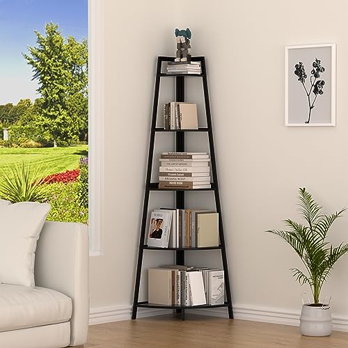 POXAKA Corner Shelf, 5 Tier Bookshelf Open Corner Shelf Stand, 70.8 Inch Tall Bookcase, Modern Bamboo Corner Stand in Living Room, Bathroom, Small Space