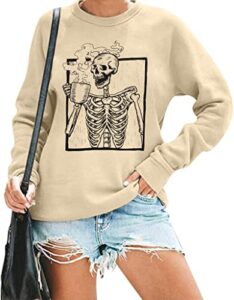 lukycild halloween sweatshirts for women skeleton coffee sweatshirt horror skull shirts fall spooky season pullover top