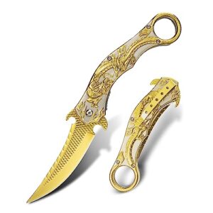 ikores pocket knife, 3.5 inch folding knife with with 3d golden dargon relief handle, pocket knife for men women, everyday carry edc and hiking camping knives