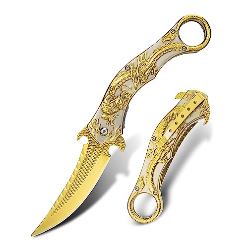 IKORES Pocket Knife, 3.5 inch Folding Knife with with 3D Golden Dargon Relief Handle, Pocket Knife for Men Women, Everyday Carry EDC and Hiking Camping Knives