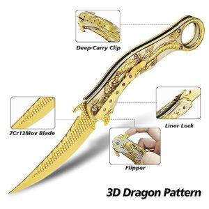 IKORES Pocket Knife, 3.5 inch Folding Knife with with 3D Golden Dargon Relief Handle, Pocket Knife for Men Women, Everyday Carry EDC and Hiking Camping Knives