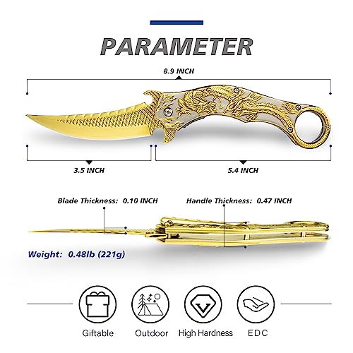 IKORES Pocket Knife, 3.5 inch Folding Knife with with 3D Golden Dargon Relief Handle, Pocket Knife for Men Women, Everyday Carry EDC and Hiking Camping Knives