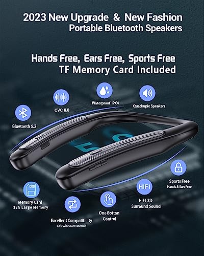 Gardway Portable Bluetooth Speakers, Neckband Bluetooth Speakers with Built-in TF Card,Wearable Wireless Speaker CVC 8.0 Noise Cancelling 3D Sound Personal Sport Speaker with Mic (Black 2023)